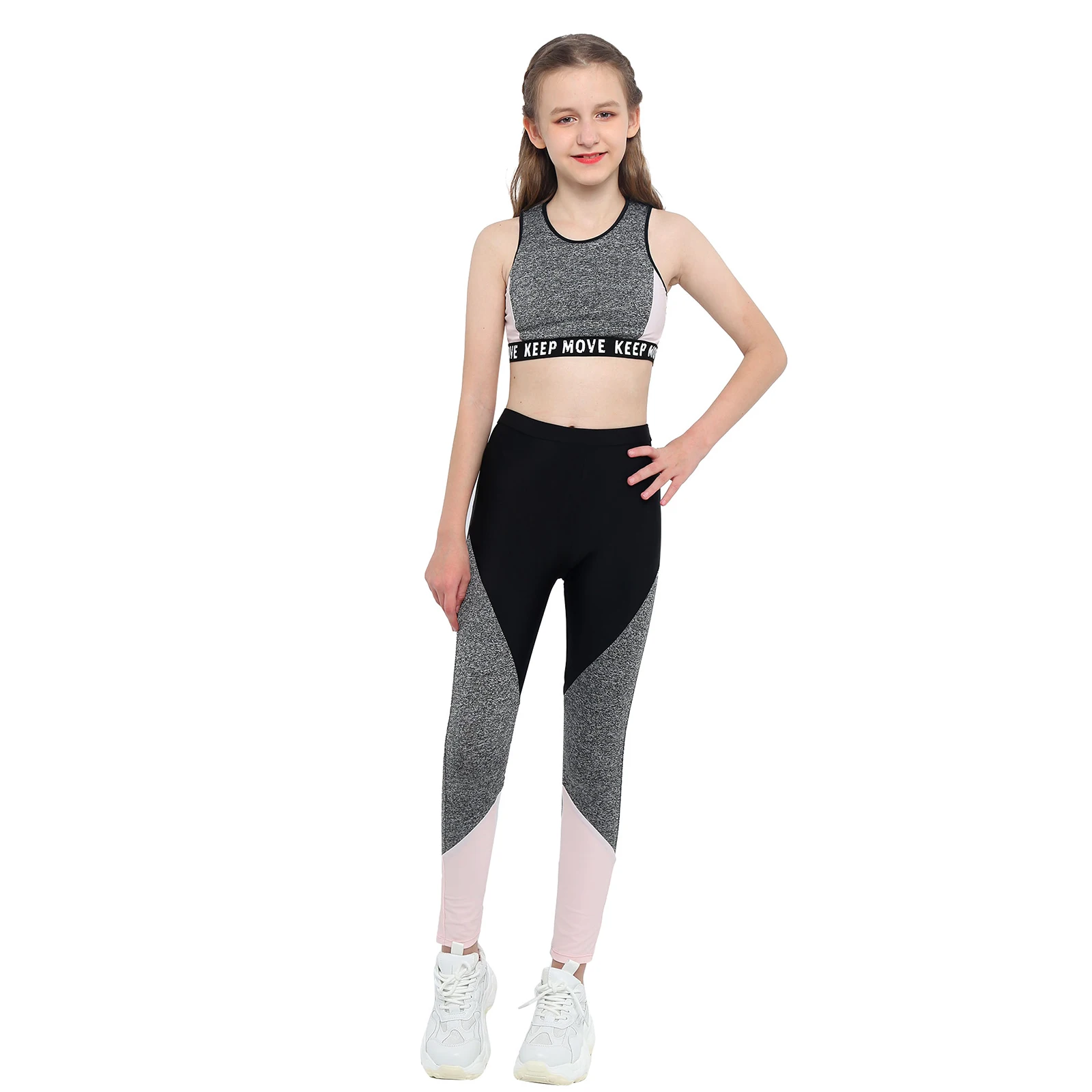 

Kids Girls Sportswear Gymnastics Workout Running Sports Suit Wide Shoulder Straps Sports Crop Top+Pants Set Fitness Tracksuits