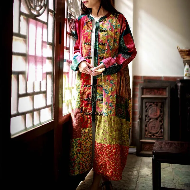 Vintage Cotton Linen Long Mid-calf Coat for Women, Flower Loose Chinese Style Outerwear, Long Sleeve, Patchwork Dresses,