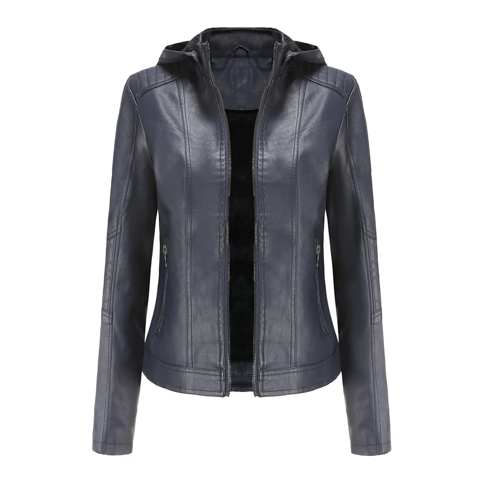 

Autumn and winter women's fashion polyester detachable hooded leather jacket plus fleece warm jacket