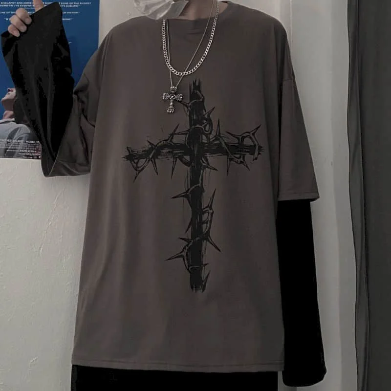 T-shirt Cross of Thorns Fake Two-piece Men Women Long-sleeved Dark Hip Hop Loose Large Size Autumn New Trend Tops T Shirt Male