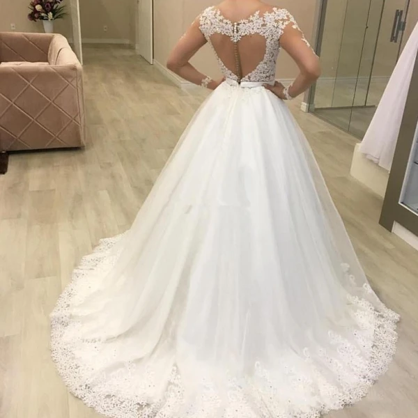 Luxo Renda Princesa Vestidos De Casamento, Ilusão De Pescoço Puro, Mangas Compridas, Apliques Sweep Train, Vestidos De Noiva, 2022