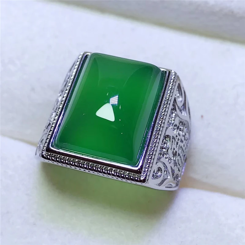 Vintage Silver 925 Ring Men Handmade Open Natural Green Jade Emerald Party Wedding Engagement  Gemstone Fine Jewelry Gifts