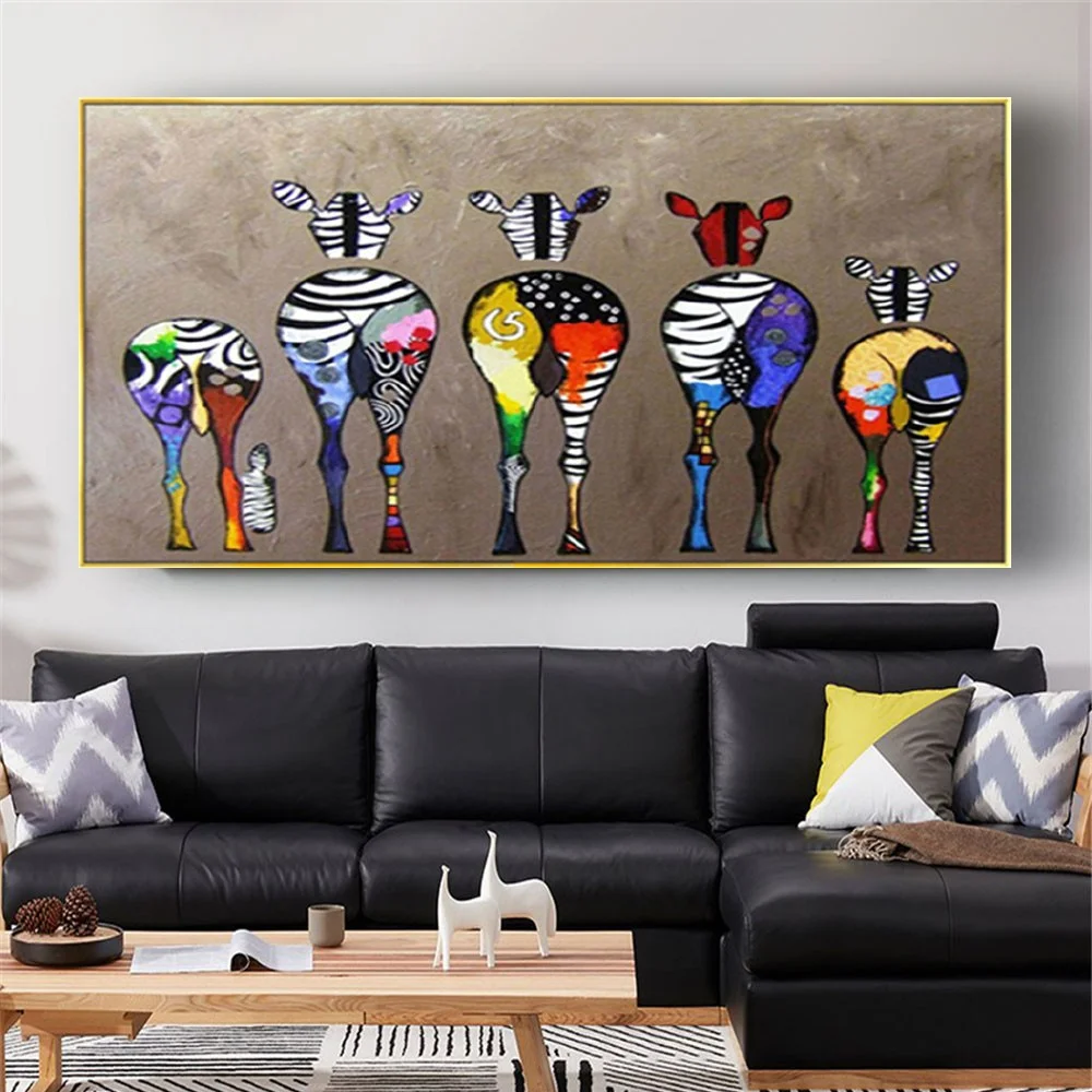 

Hand-Painted Modern Funny Animal Canvas Painting American Style Wall Art Posters Abstract Zebra Oil Paintings Decor Living Room