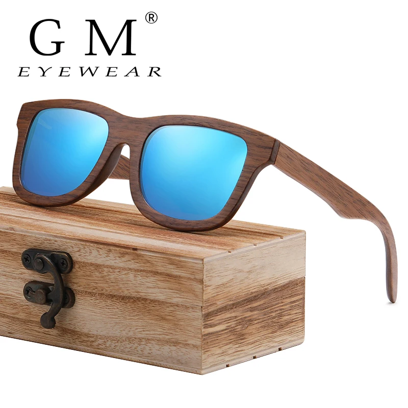 GM Dark Walnut Wooden Frame Sunglasses With Coating Mirror Lens Bamboo Sunglasses UV400 Protection With Wooden Box S832CB