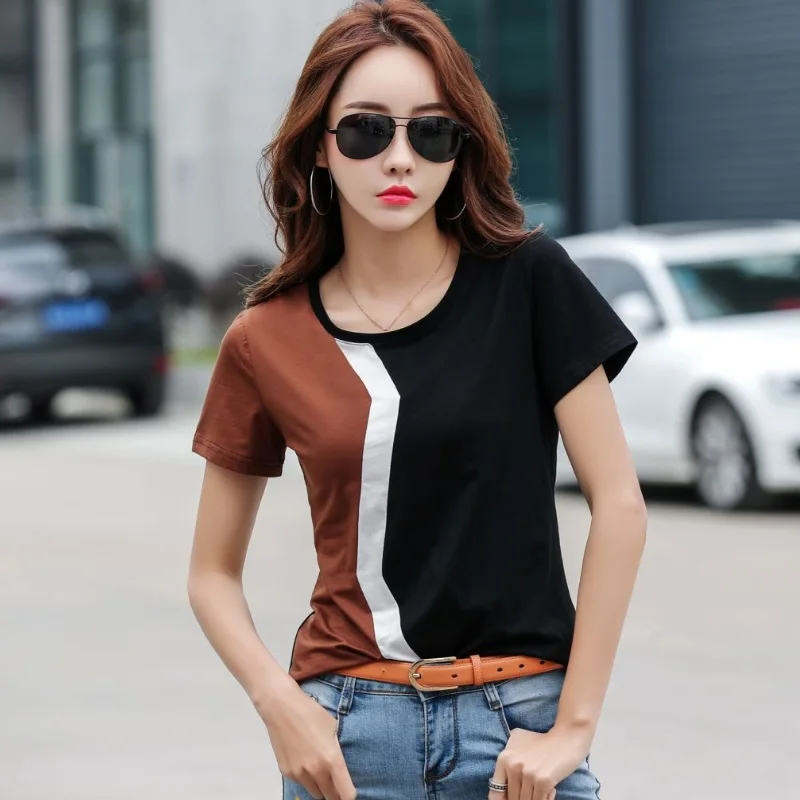 Black Green Contrasting Colors Cotton T-Shirt Women 2023 Summer White Striped Fashion T Shirt Lady Short Sleeve Slim O-Neck Tops