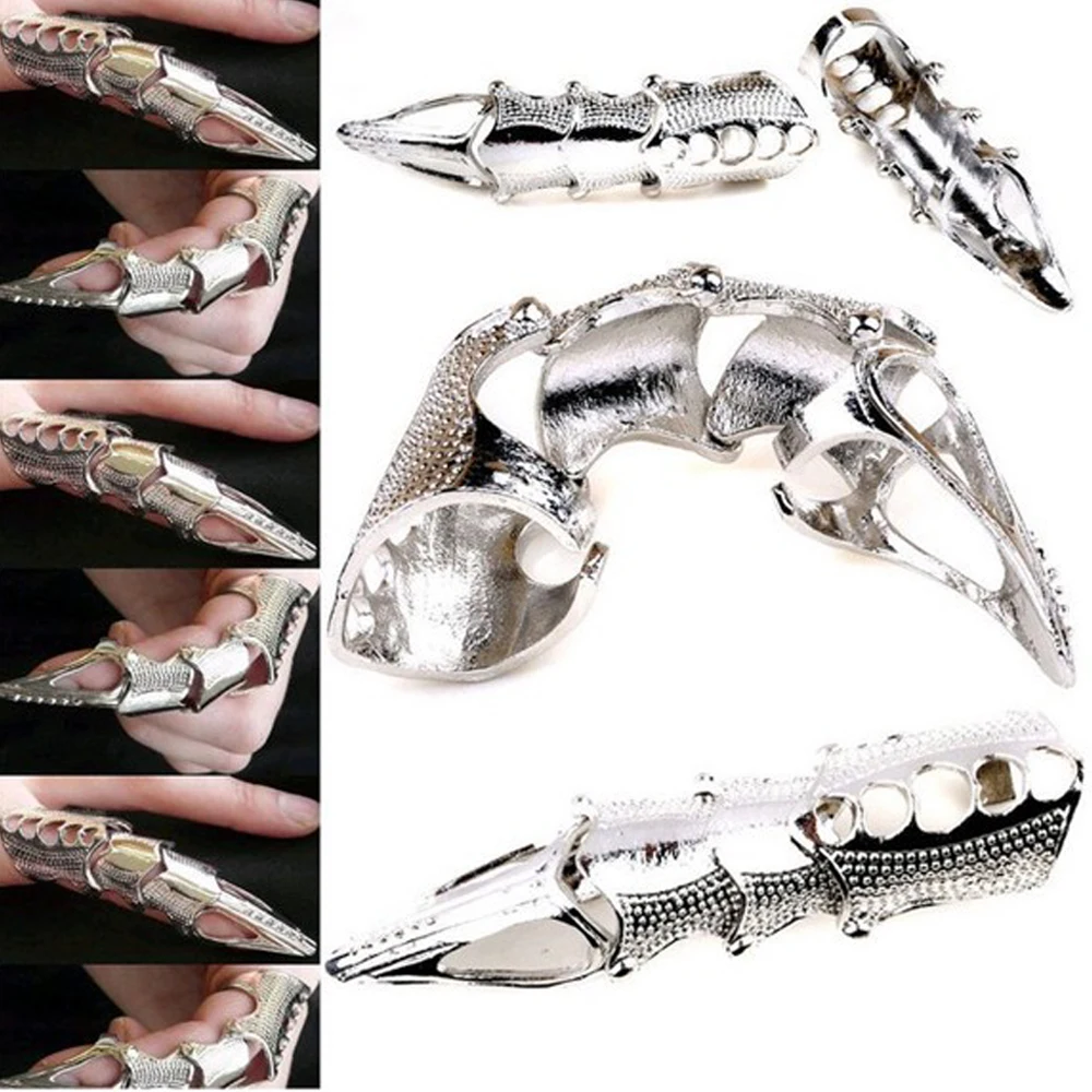 2pcs Punk Gothic Full Finger Armor Talon Claw Rings Robot Metal Armoring Joint Knuckle Ring for Women Men Party Jewelry