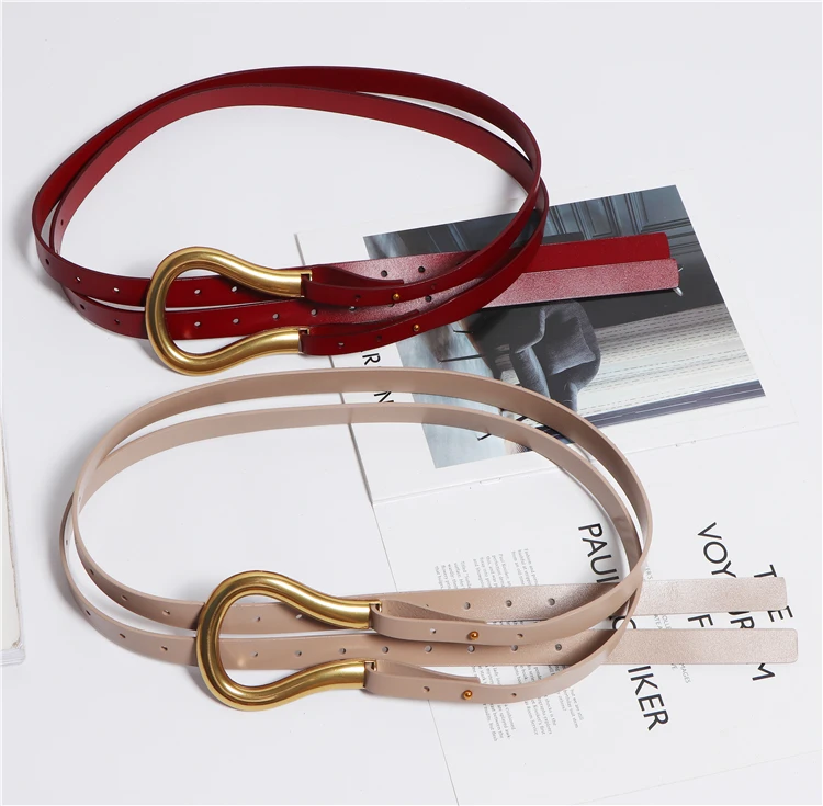 NEW Genuine Leather double Belts Luxury Metal U Buckle belt women