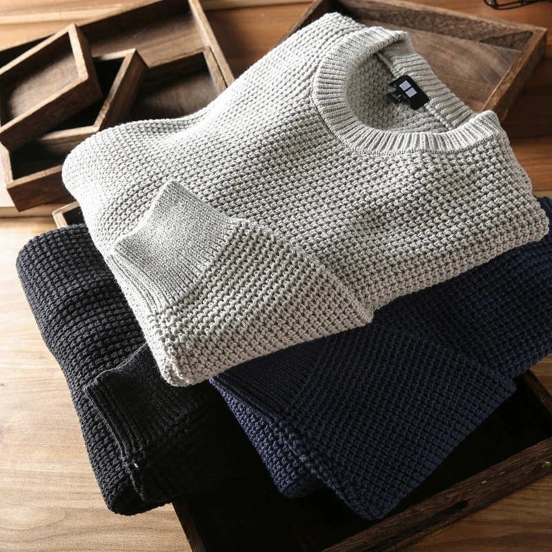 Autumn Winter New Original Long Sleeve O-neck Waffle Knitted Sweater Men's Fashion Japanese Rerto Loose Casual Pullover Coat