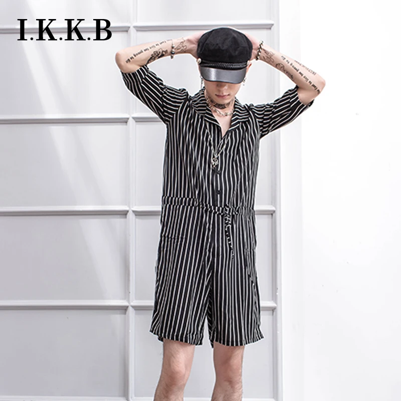 One-piece male hip hop summer short-sleeved shorts Korean Fashion Personality Vertical Stripes Youth one-piece stage wear