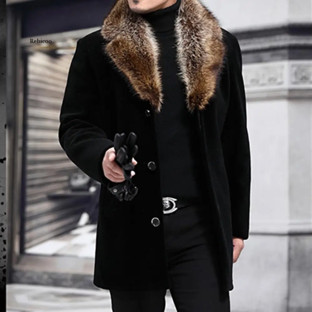 

New Winter Men's Long Woolen Coat Fur Collar Warm Autumn Overcoat Male Solid Slim Casual Windbreaker Jacket Outerwear Top Black