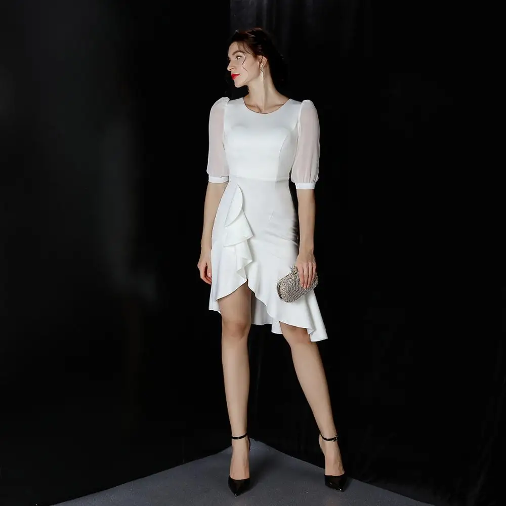 White Lantern Sleeve Knee-Length Asymmetrical Mermaid Elegant Dress Women For Wedding Party Sexy Club Wear Cocktail Dresses 2020