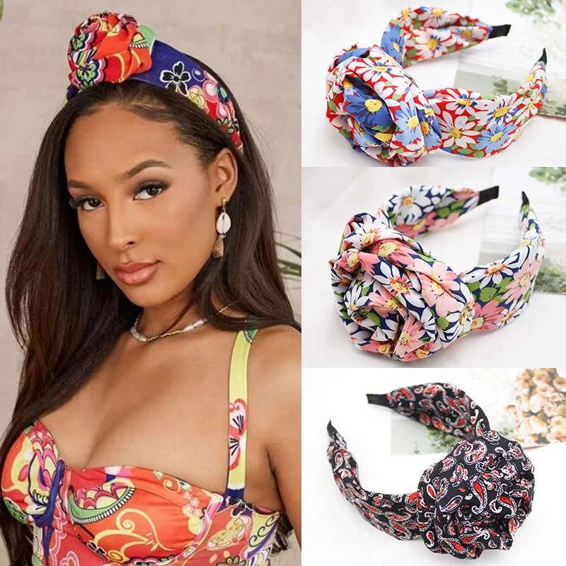 Lystrfac Vintage węzeł z przodu drukuj pałąk kobiety Turban szeroki wiązane Hairband dla pań bandany akcesoria do włosów dla kobiet