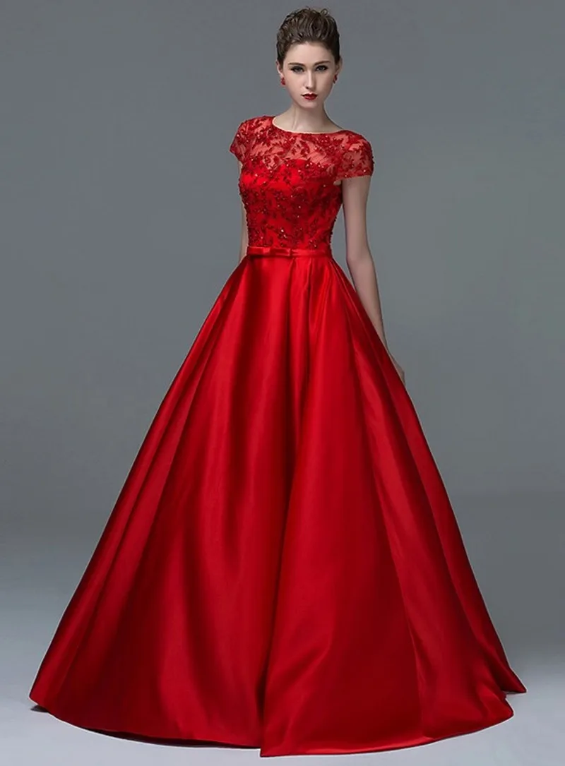 Rood A-lijn Korte Mouwen Applicaties Pailletten Avondjurken 2020 Vrouwen Hot Sale Sheer Hals Formele Prom Dress Vestidos De Festa