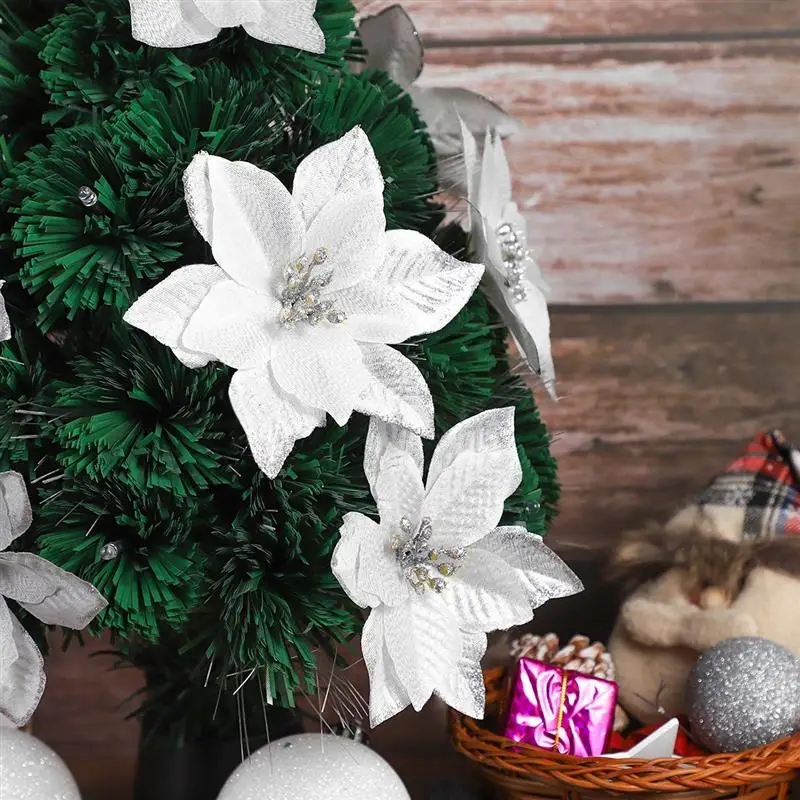 STOBOK – fausses fleurs de noël, 24 pièces, en poudre d'or, pour décorer un arbre de noël, en argent