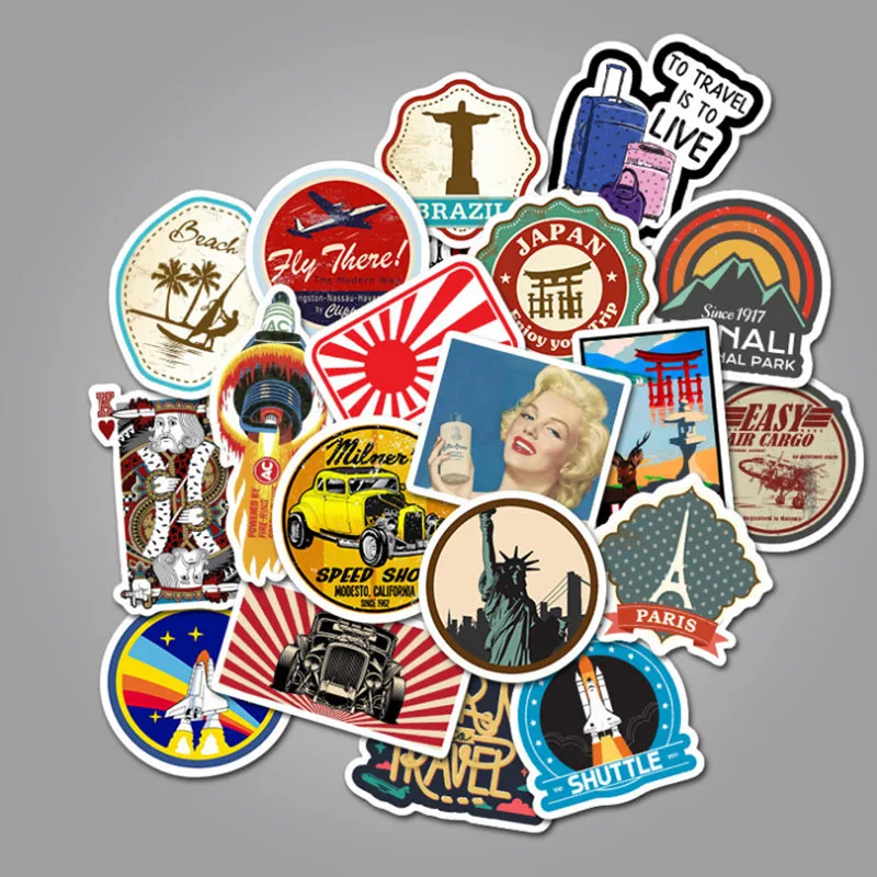 10/30/50pcs Retro Fashion Travel Tour Graffiti Decals Stickers  Skateboard Travel Suitcase  Pencil  Cases  Phone Laptop Stickers