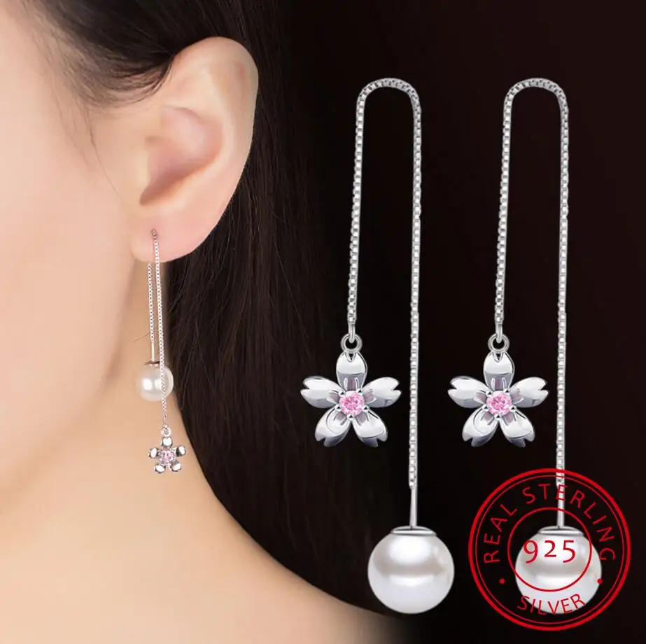 

925 sterling Silver Earrings For Women Zirconia Cherry Pearl Long Ear Line Tassel Earrings pendientes S-E449