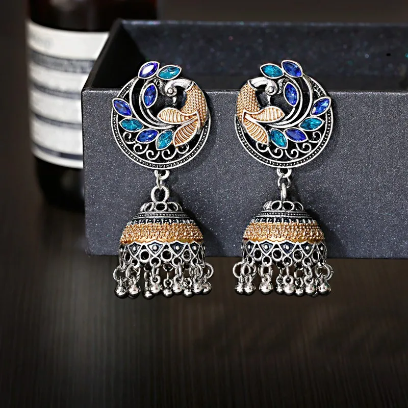 Ethnic Women\'s Blue Peacock Earrings Turkey Bijoux Vintage Bollywood Silver Color Bell Tassel Earrings Tribe Indian Jewelry