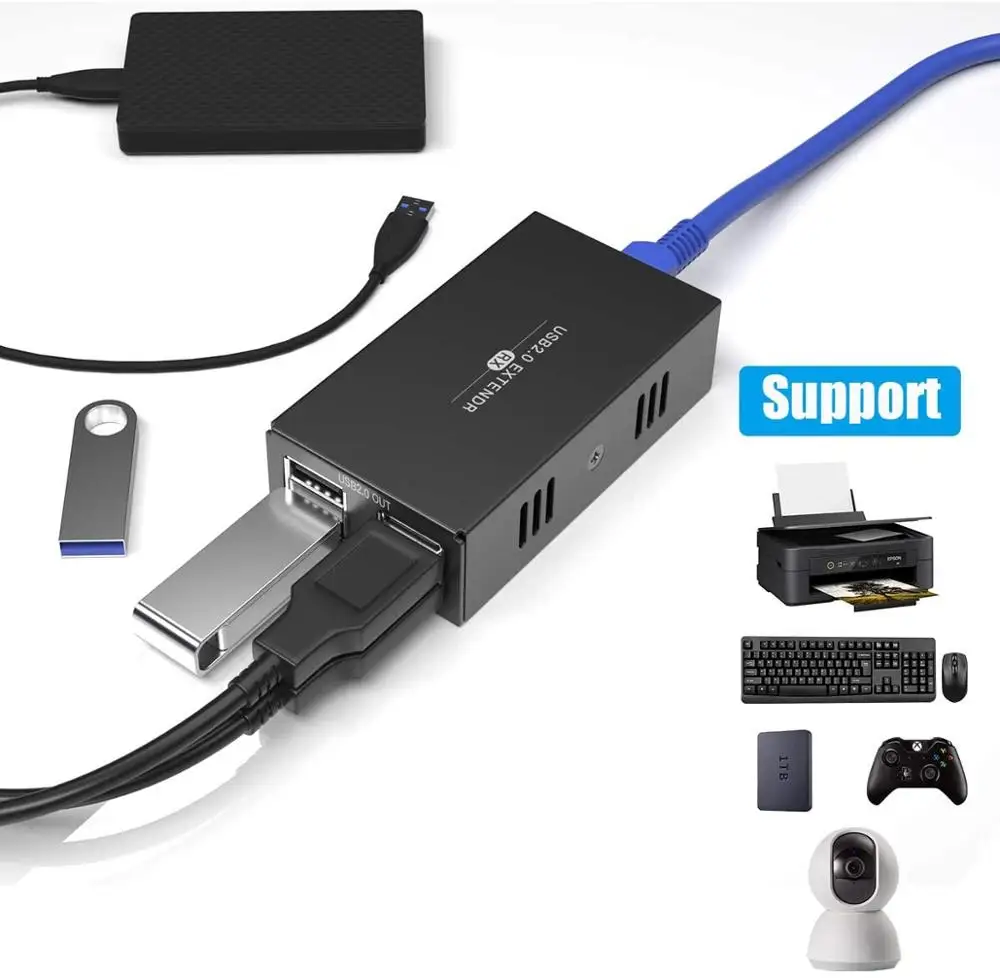 USB 2.0 Extender 4-Port USB Hub 50m Over Ethernet Cat5e/6 for PC/Microphone/Webcam No Driver Needed