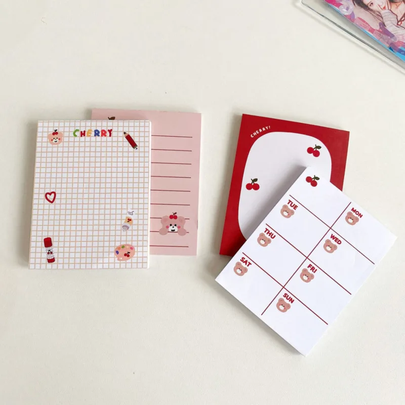 Bloc de notas Ins Cute Cherry Bear, libreta semanal para hacer lista, papel portátil para mensajes de oficina, Mini cuadrícula, papelería, 50 hojas