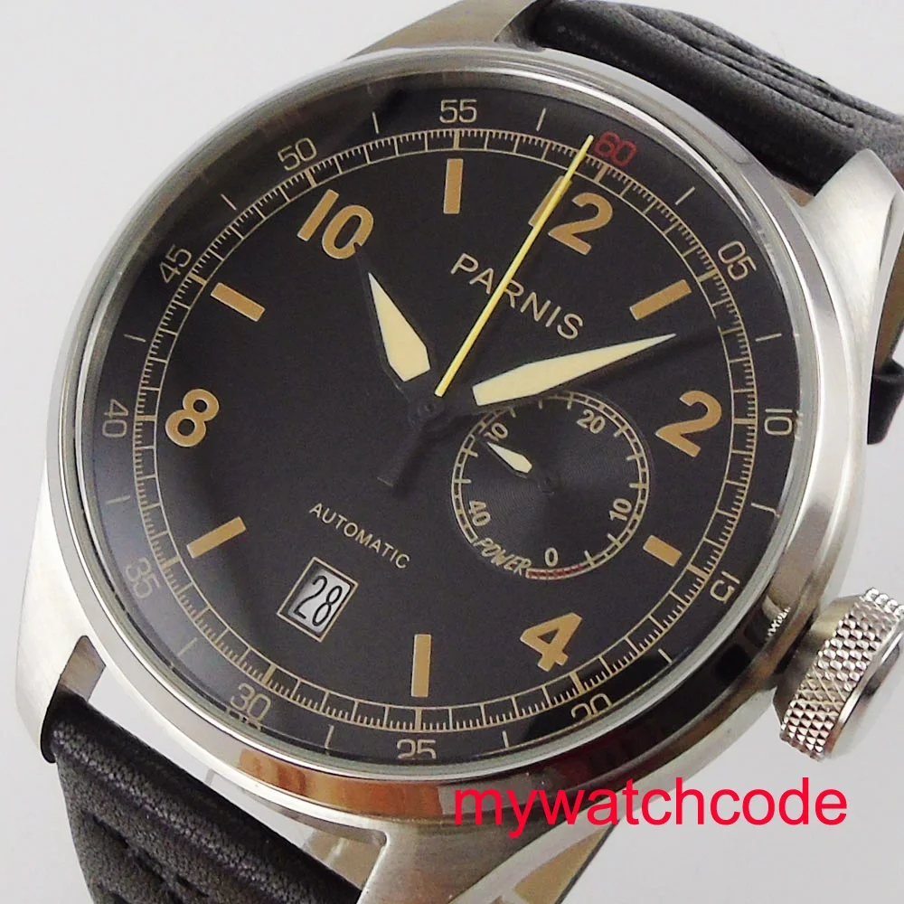 48mm Parnis 블랙 다이얼 가죽 스트랩, 파워 eserve 스테인레스 스틸 케이스, 항저우 자동 무브먼트, 남성용 시계