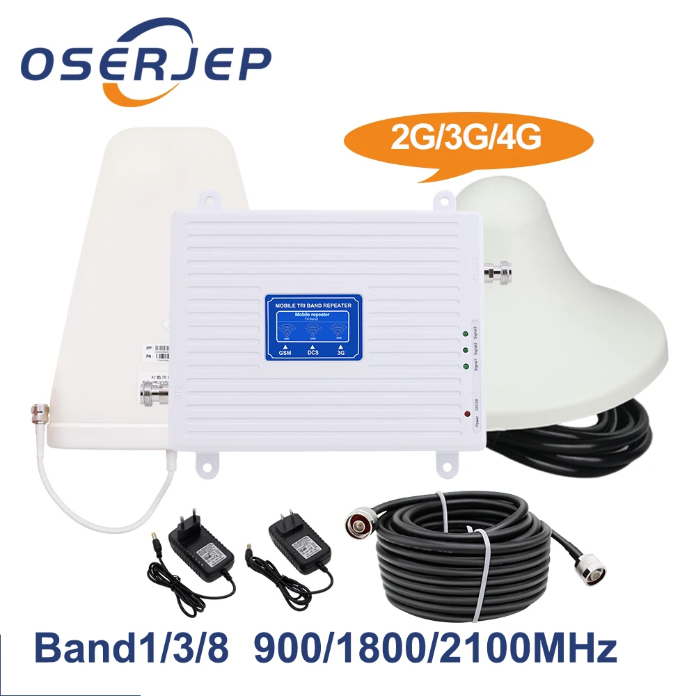 2G 3G 4G Tri-Band 900 1800 2100 MHz Repeater GSM WCDMA UMTS LTE Booster Triband 900/1800/2100 Amplifier+Log/Panel Antenna