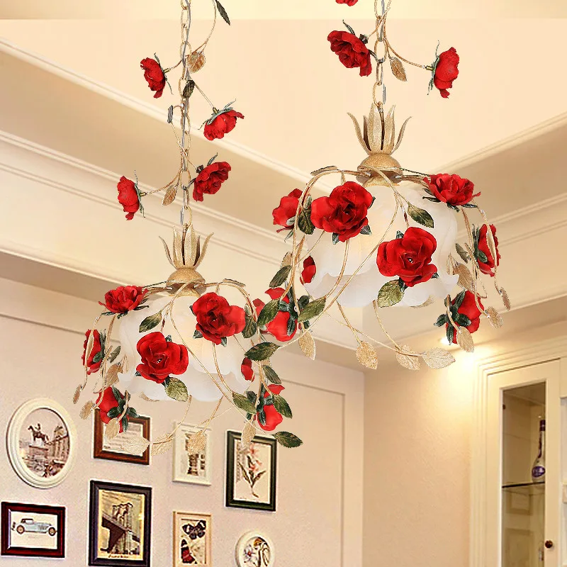 Rustic Rural French Restaurant Decoration Bar Lamp Red Rose Flower Led Pendant Light Kitchen Modern Staircase Balcony Hallway