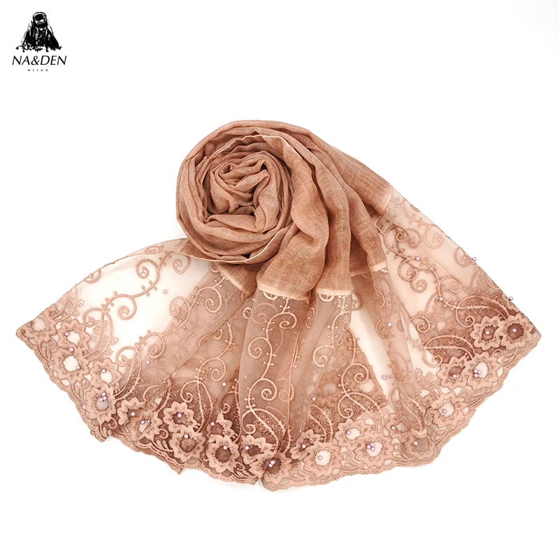 

2020 Lace pearls flowers Fashion New viscose Solid Muslim Scarf Ladies Shawls and Wraps Soft Female Foulard Hijab Stoles Head