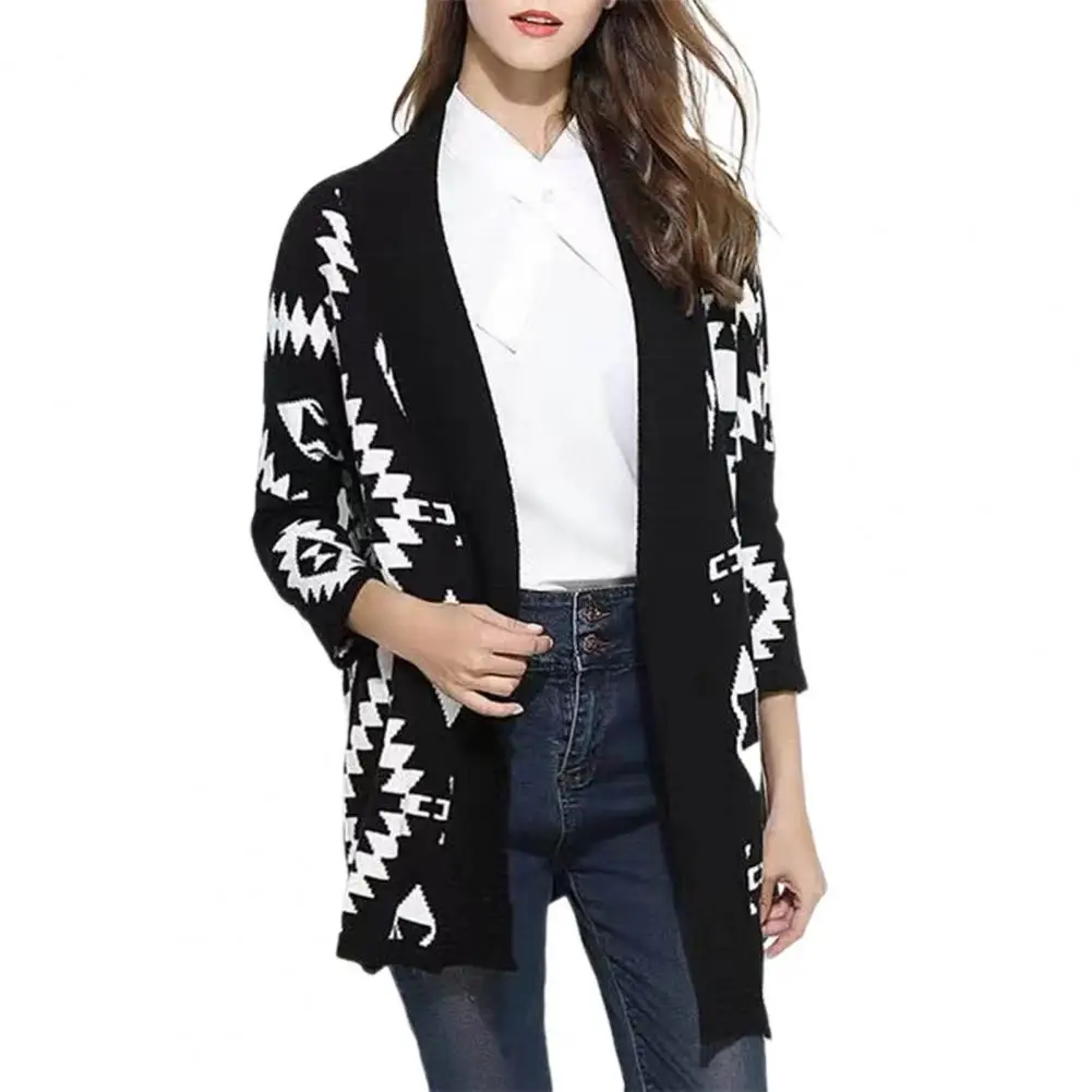 Geometric Argyle Women Sweater Cardigan Knitted Coat Top Casual Ethnic Vintage Print Autumn Winter Warm Sweater Coat Casual