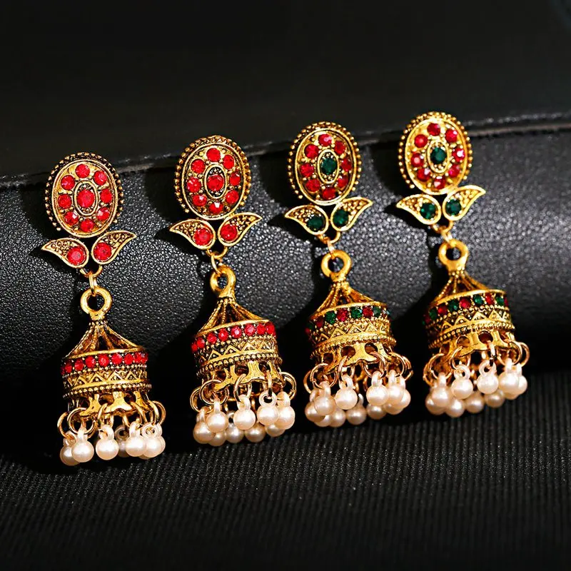 Women's Afghan Vintage Indian Jhumka Jewelry Earrings Ethnic Pearl Beads Tassel Bridal Earrings Mujer Accessories Brincos