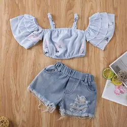 Summer Baby Sets Cute Kids Baby Girl Off Shoulder Ruffles Floral Printed Crop Tops T-Shirt Ripped Denim Shorts Outfit