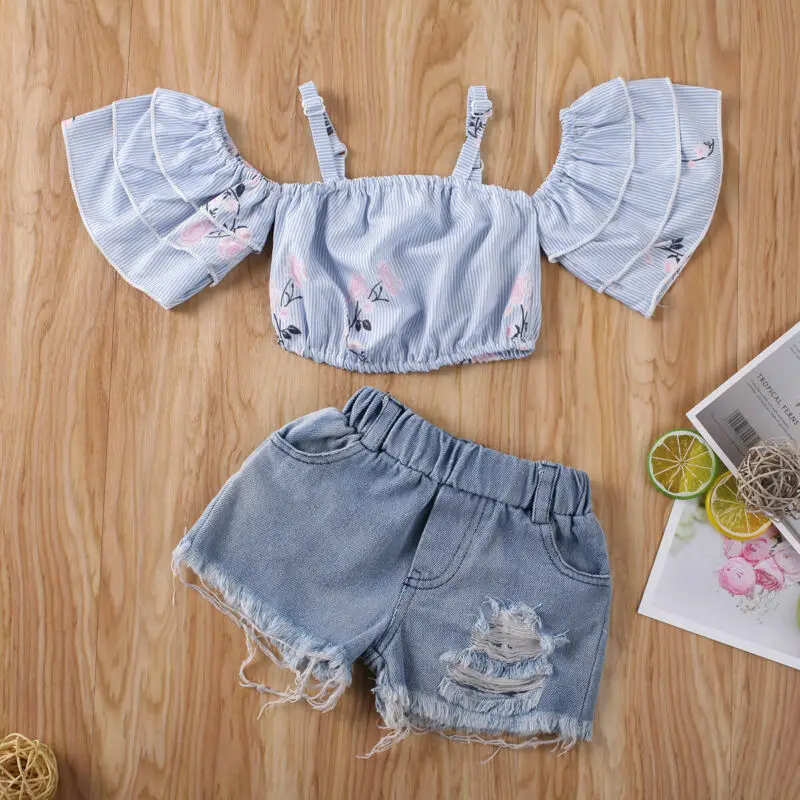 Summer Baby Sets Cute Kids Baby Girl Off Shoulder Ruffles Floral Printed Crop Tops T-Shirt Ripped Denim Shorts Outfit