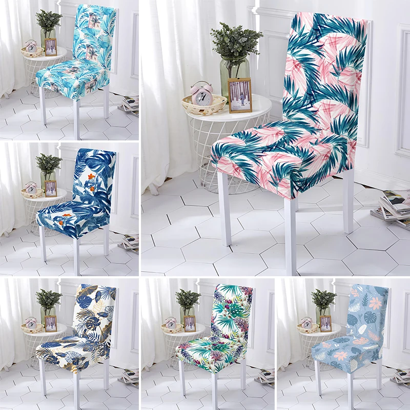 

Stretch Dining Room Chair Cover Spandex Removable Washable Tropical Leaves Printed Seat Covers For Kitchen Restaurant