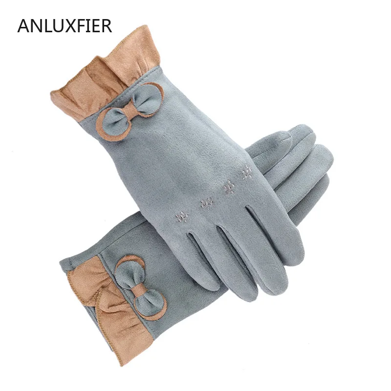 H9904 Women Warm Glove Ladies Winter Lovely Cute Bowknot Korean Mittens Suede Velvet Thickened Thermal Touch Screen Hand Muff