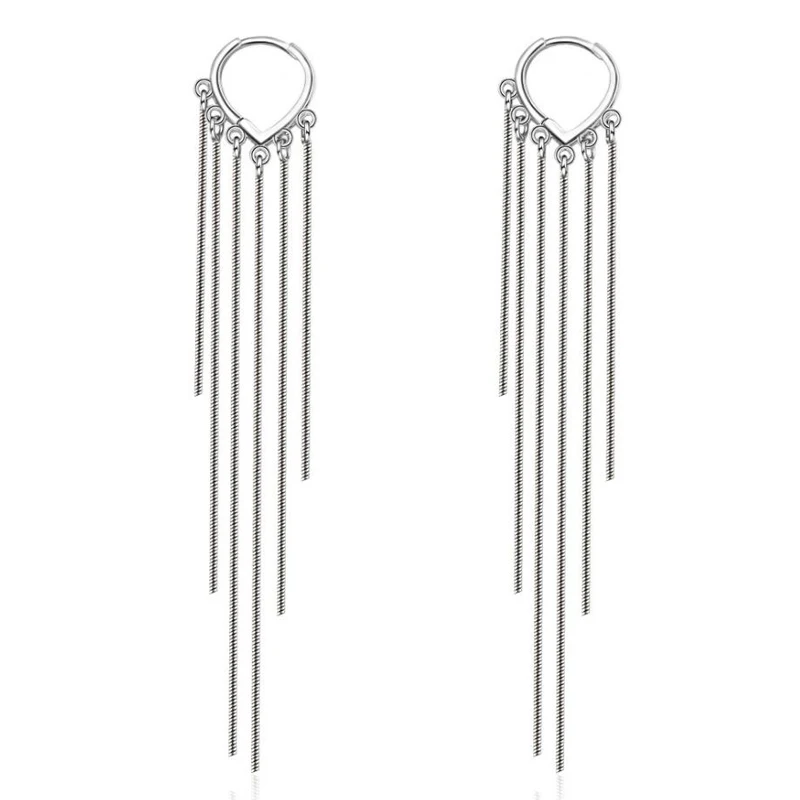 New 925 Sterling Silver Long Tassel Earrings Women Dance Party Jewelry Chic Hoop Earring Female Anniversary Accessories KOFSAC