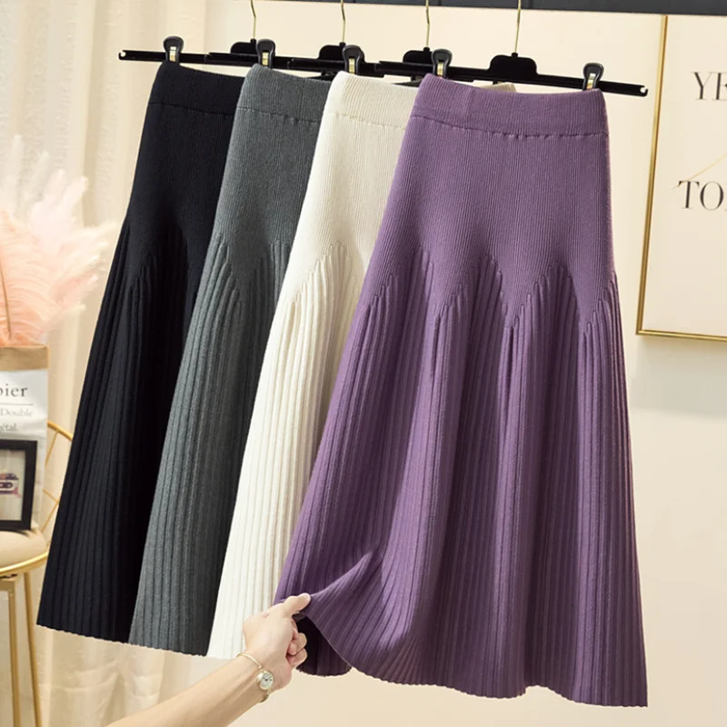 

long skirt autumn and winter knitted skirt women's new pleated skirts