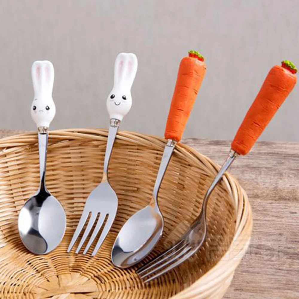 1pc Cute Carrot Rabbit Handle Cutlery Kids Feed Baby Spoon Flatware Stainless Steel Baby Fedding Utensils Plug Handle Tableware