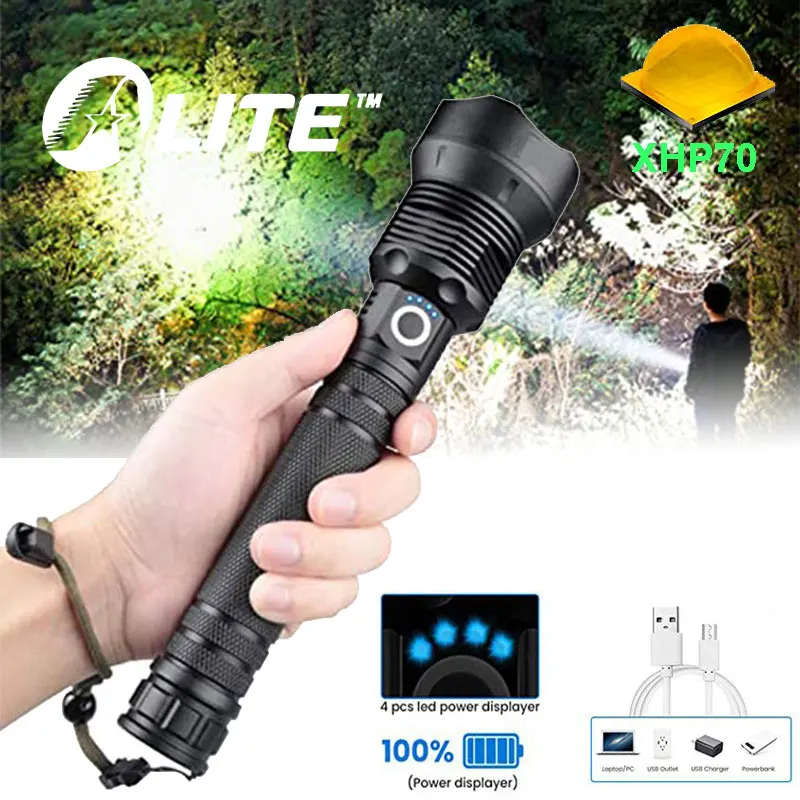 TWMT Powerful XH70 LED Flashlight USB  Rechargeable Zoomable Torch 18650 26650 Power Bank Hunting Lamp for Camping Fishing