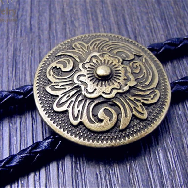 Art Bolo Tie Antique Brass Silver Color Flower Totem Round Buckle Adjustable Western Cowboy Novelty Ties