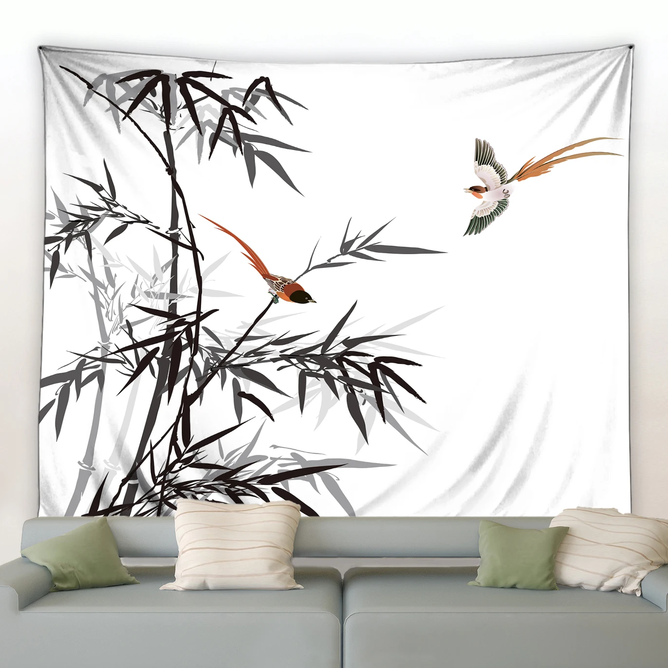 3D Chinese Ink Bamboo Tapestry Birds Red Flowers Mountain Water Natural Landscape Tapestries Dorm Living Room Wall Hanging Black