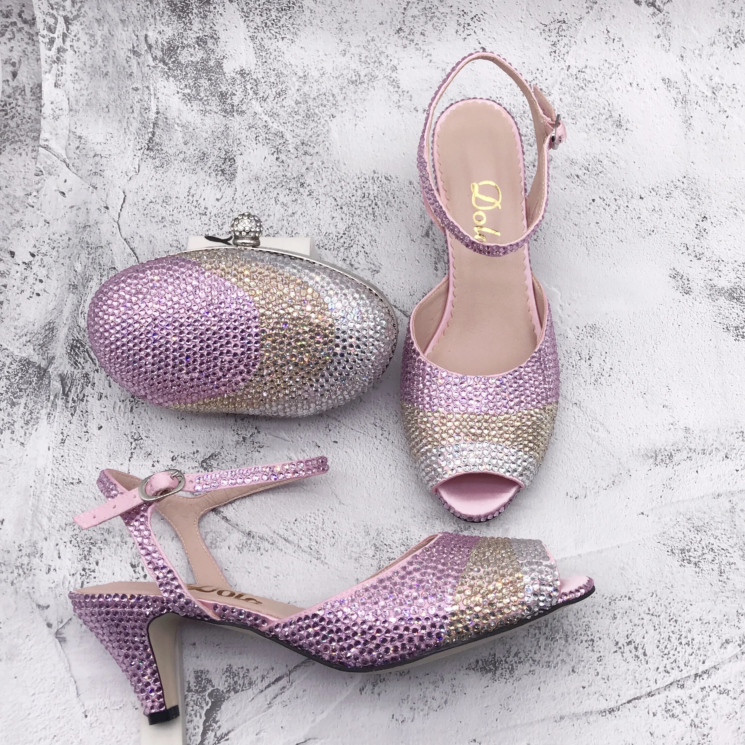 

BS1264 Customizable Various Heel Dress Sandal Women Shoes Light Pink Gold Crystal Shoes With Matching Bag Bridal Wedding Shoes