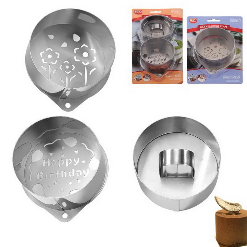 Stainless Steel Biscuit Mold Happy Birthday Mousse Cake Mould DIY Baking Tools Mousse Ring With Flower Design