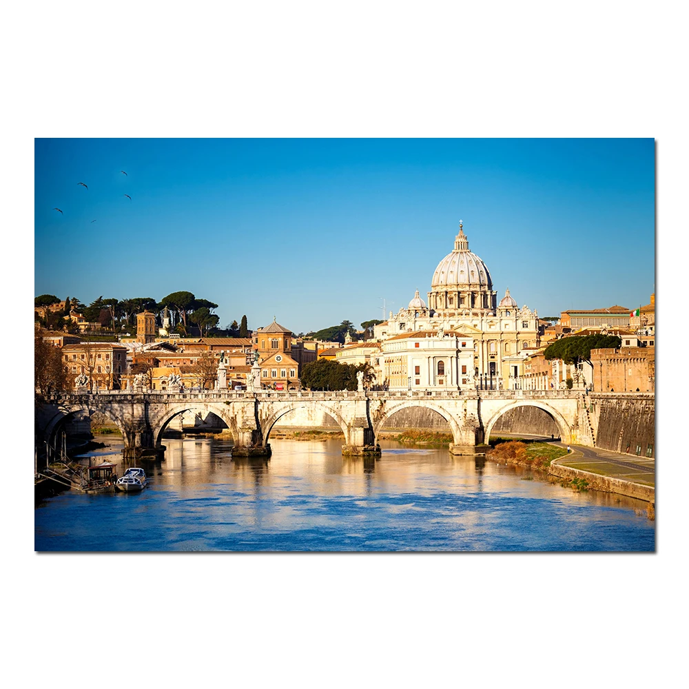 Ponte Sant Angelo in Rome Cityscape Poster Wall Art Canvas Cloth Fabric Print Painting for Room Home Decor