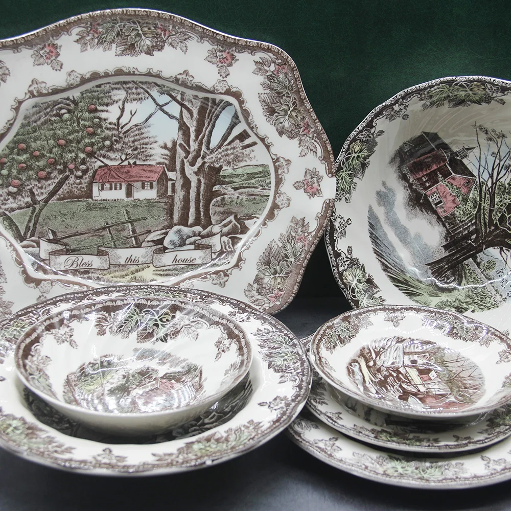 The Friendly Village Dinner Set Elegant England Style  Ware  Ceramic Breakfast Plate Beef Dishes Dessert Dish Soup Bowl