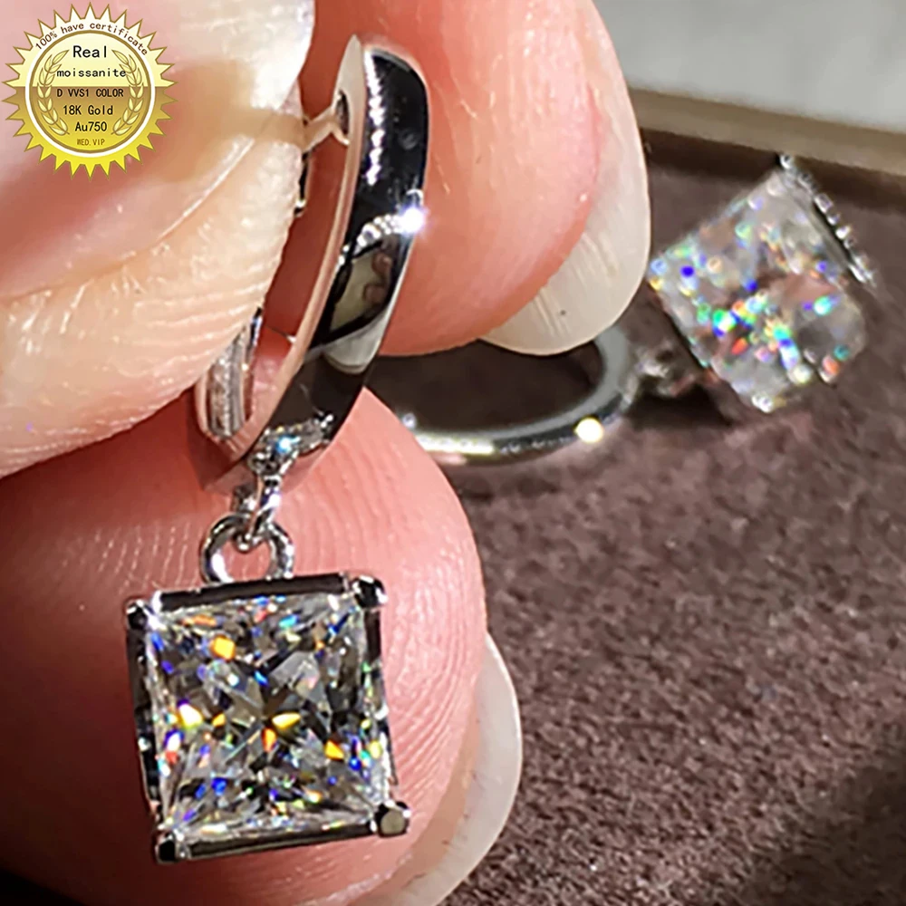 100% 18K Gold A750 gold A pair of Earrings 2Ct 4Ct 6Ct We only sell Best color DVVS Moissanite Earrings Princess Square cut