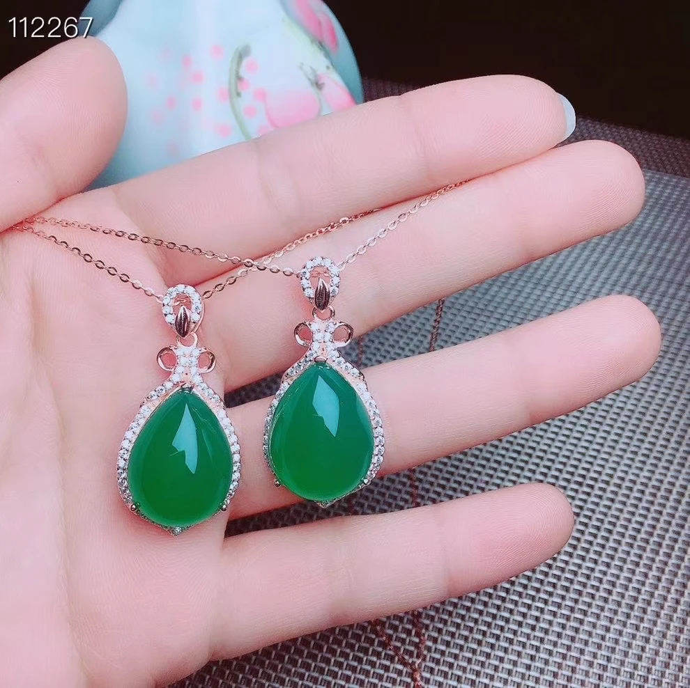 KJJEAXCMY Fine Jewelry 925 sterling silver natural green chalcedony gem inlaid female money chain pendant set of 2 supports dete