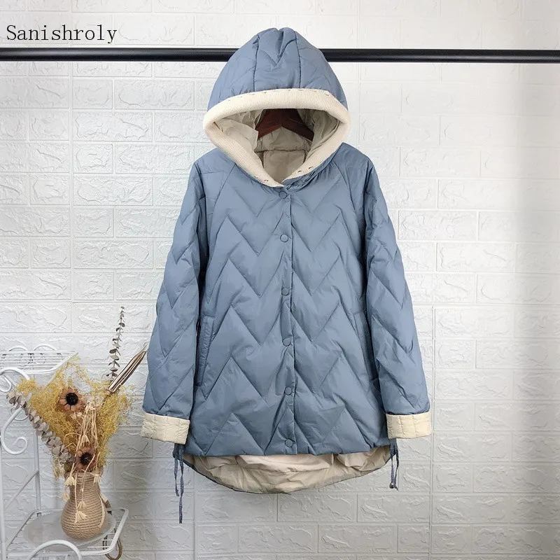 2021 cappotto con cappuccio Patchwork lavorato a maglia da donna Casual allentato caldo addensare 90% piumino d'anatra bianco Parka donna capispalla corti invernali