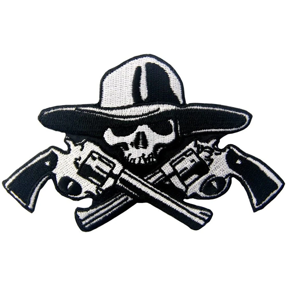 Cowboy Skull with Guns United States Revolver Embroidery Patches Iron on Patches Embroidered for Jackets Black and White DIY