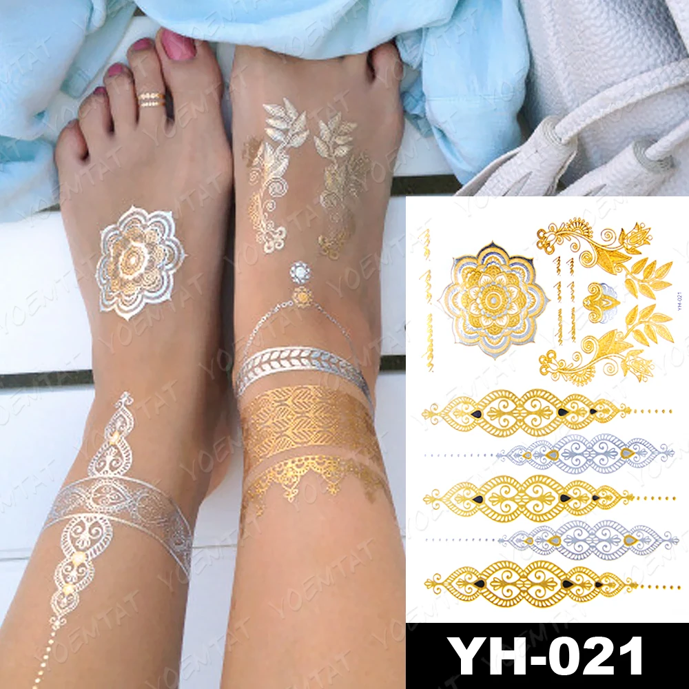 Wholesale Waterproof Temporary Tattoo Sticker Flowers Mandala Henna Gold Silver Metallic Flash Tatoo Boho Lotus Glitter Body Art