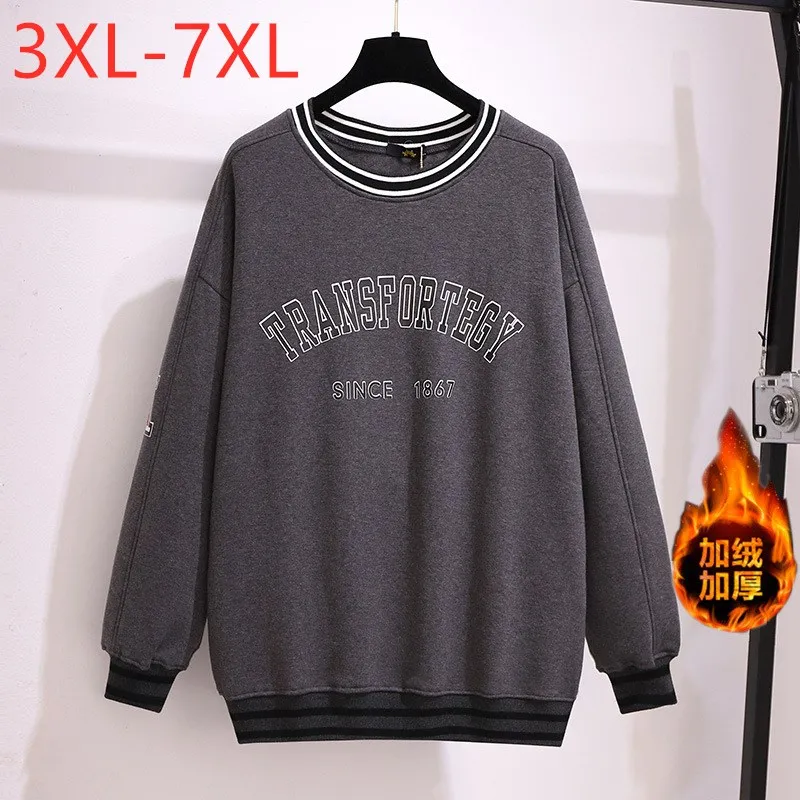 Mantel Sweter Abu-abu Hangat Beludru Tebal Longgar Lengan Panjang Pulover Pakaian Wanita Ukuran Plus Musim Gugur Musim Dingin Baru 3XL 4XL 5XL 6XL 7XL