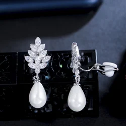 ThreeGraces Non Pierced Ear Gorgeous Marquise Cut CZ Crystal Drop Pearl Clip On Earrings Women Chic Wedding Party Jewelry EJ0029